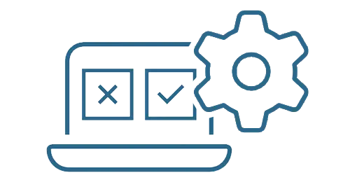 Icon depicting computer with check mark and x mark with gear