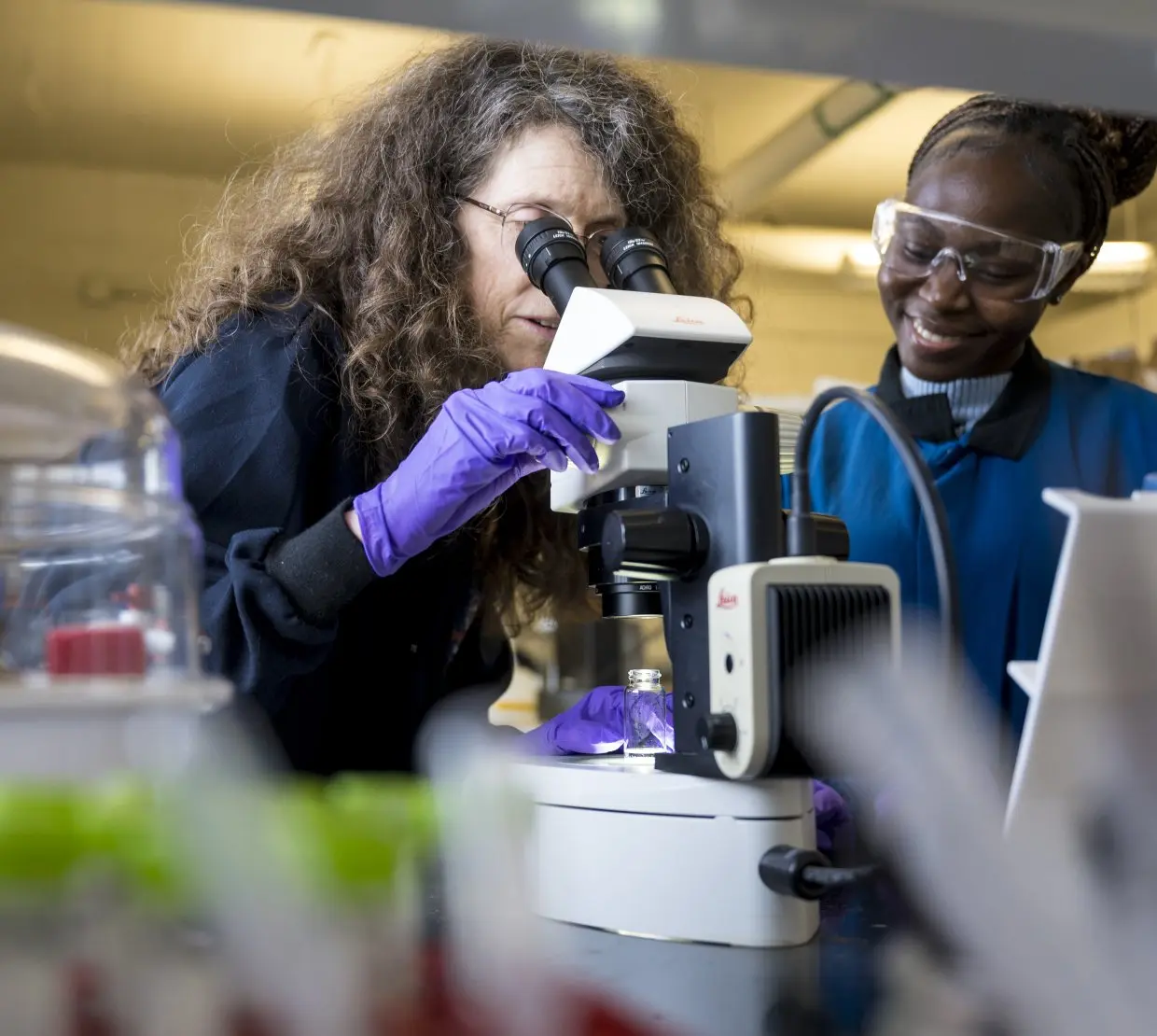 OSU students looking through a microscope